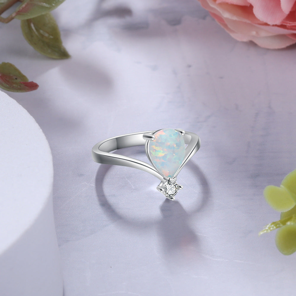 Pear Drop Opal with Zircon V Shape Sterling Silver Ring