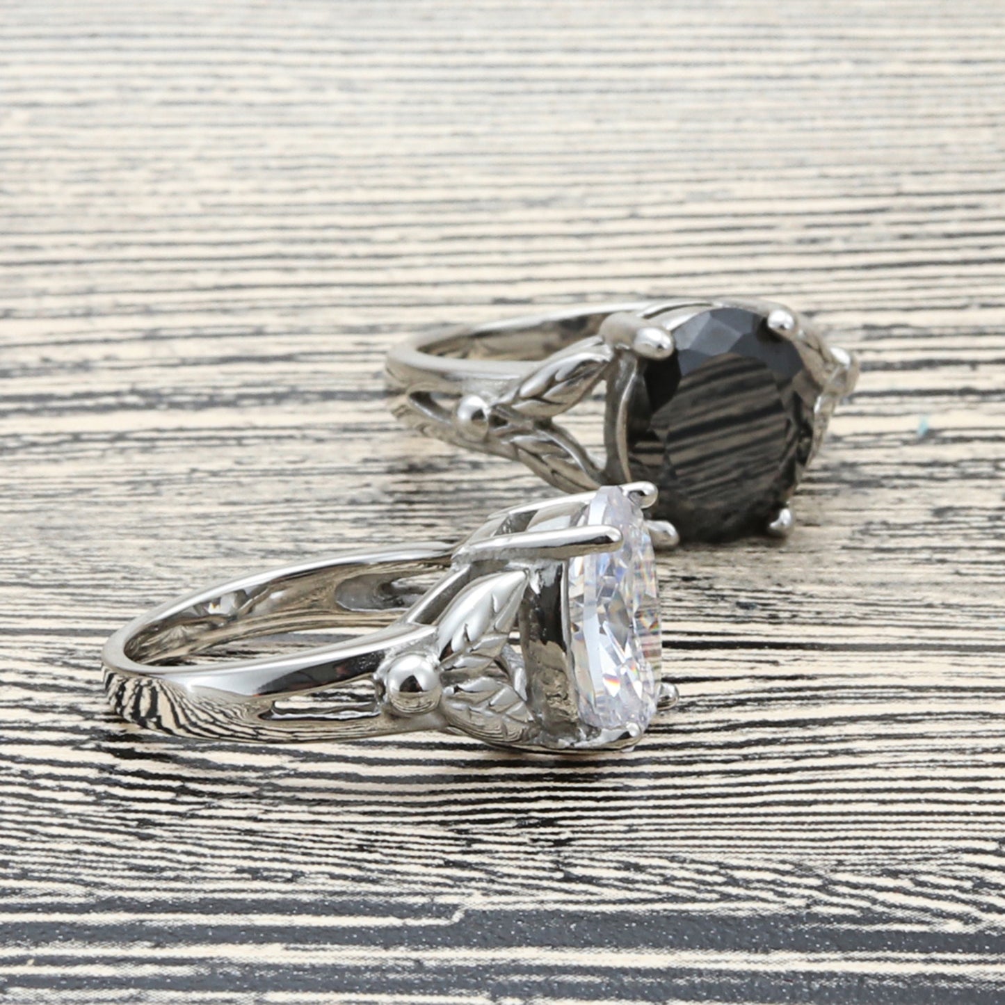 Titanium Steel Leaf Gem Ring - Retro Punk Trendy Design for Men with Zircon Accents