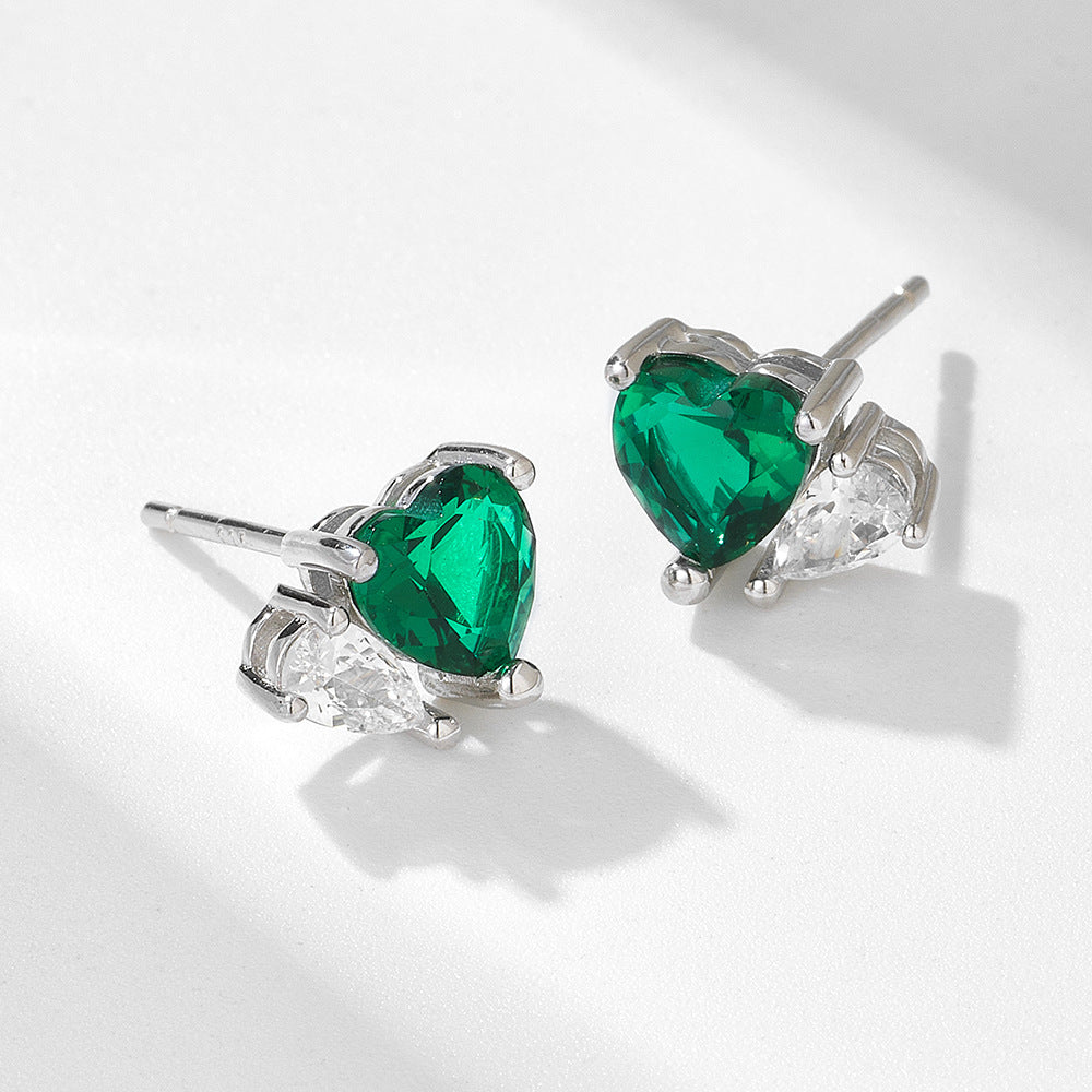 Emerald Heart-Shaped Zircon Sterling Silver Stud Earrings