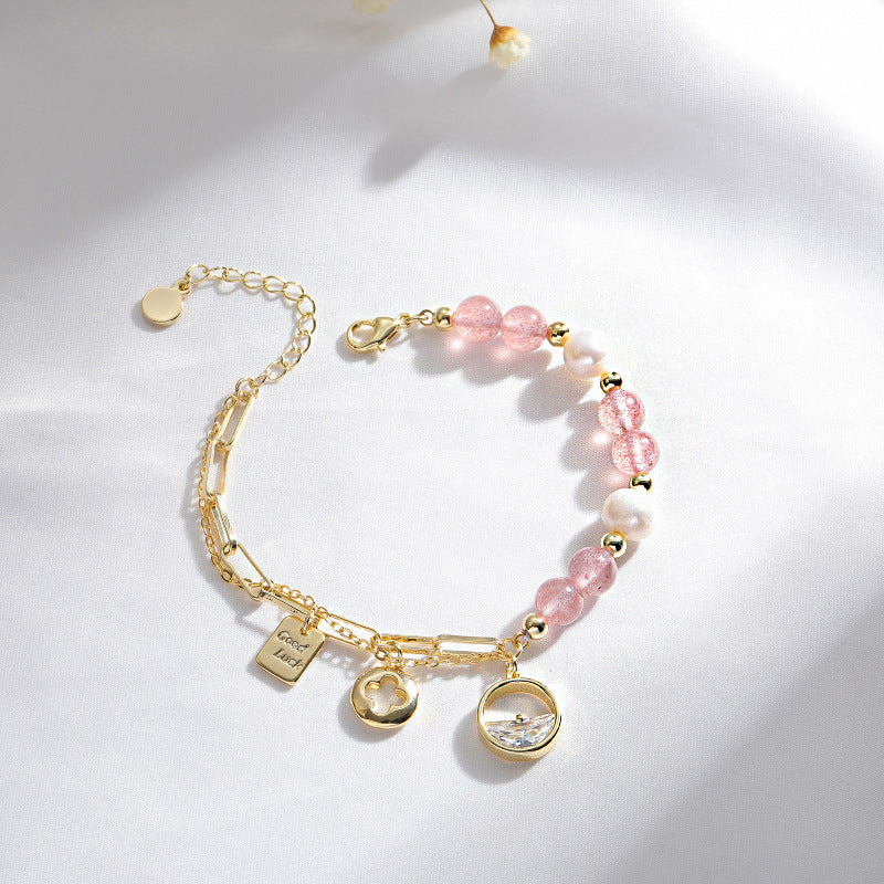 Crystal Bracelet with Zircon and Freshwater Pearl Semi-circular Design