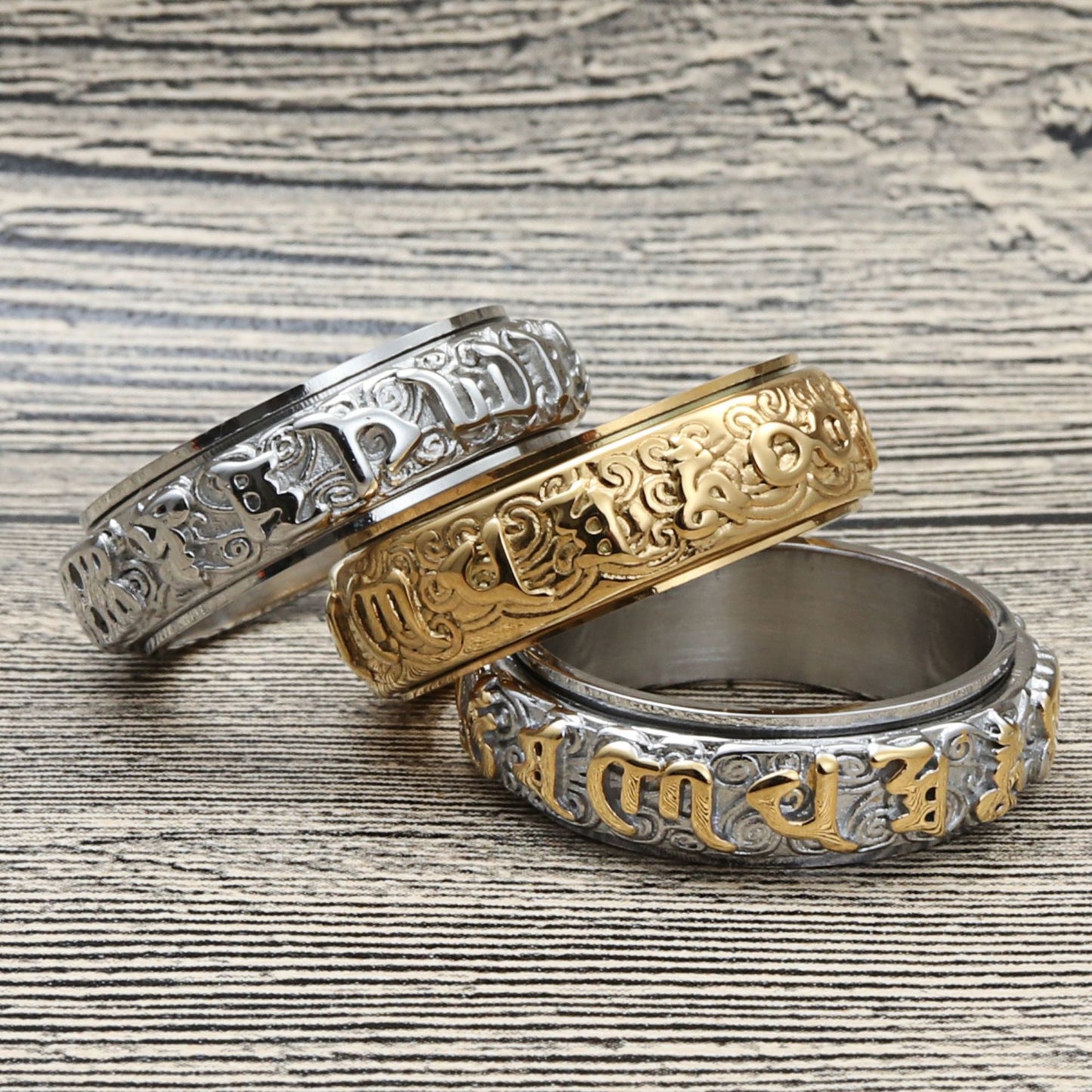 Titanium Steel Rotating Mantra Ring for Men - Retro Punk Style with Six Characters