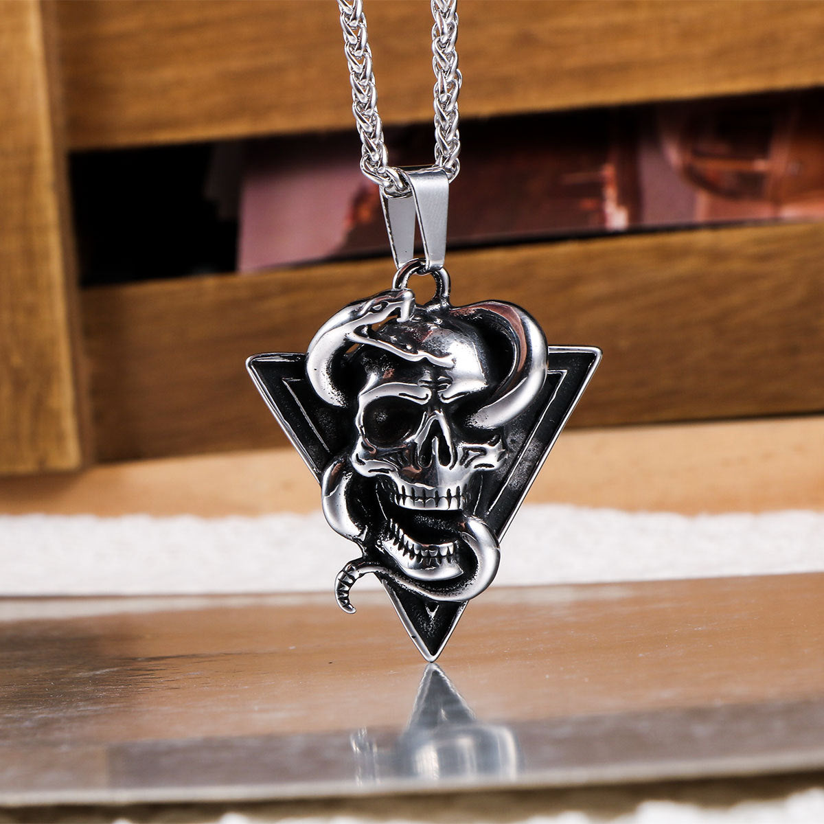 Devil Triangular Viper + Kiss Skull Men's Stainless Steel Necklace Pendant