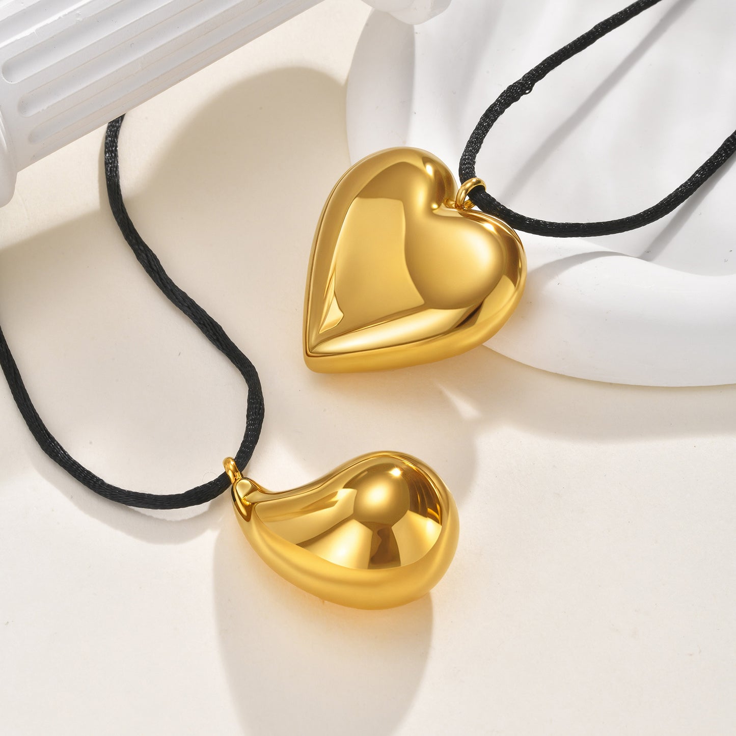 Stainless Steel Hollow Water Drop Heart Pendant Braided Rope Adjustable Necklace