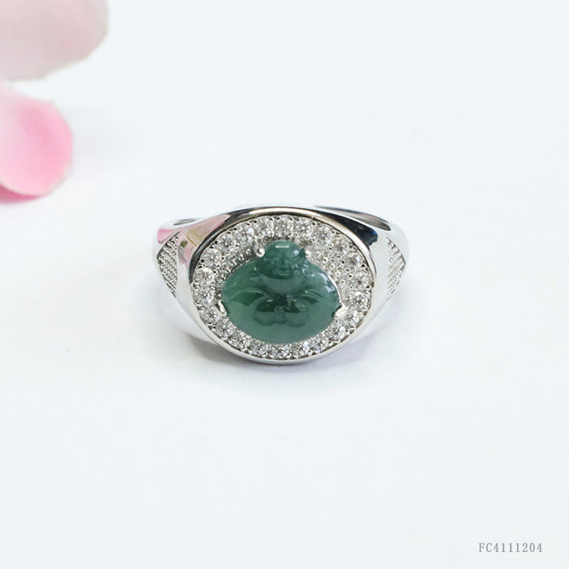Blue Water Jadeite Buddha Pavé-Style Ring