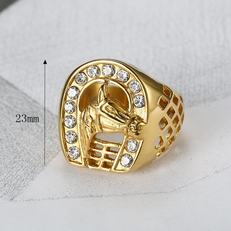 Mens Ring Planderful Titanium Steel Gold Plated Zircon Horse Head Hip Hop Urban Style
