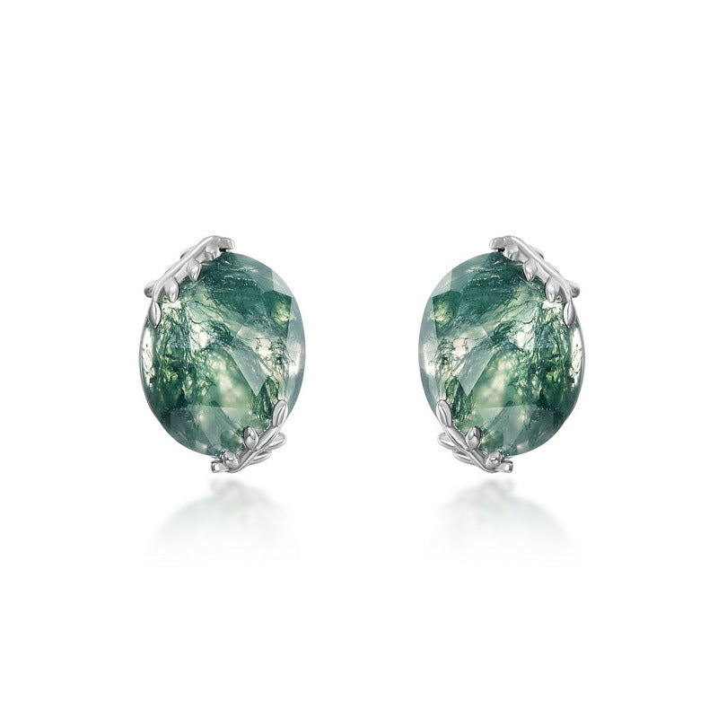 S925 Sterling Silver Moss Agate Signature Stud Earrings