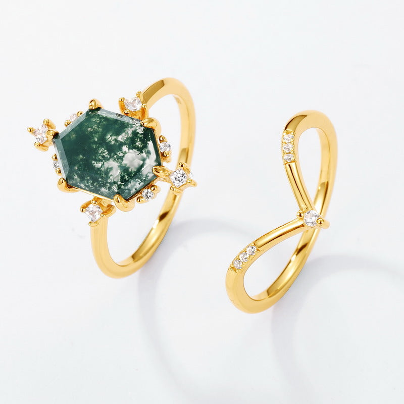 Planderful Jewelry Moss Agate Ring, Sterling Silver Hexagon