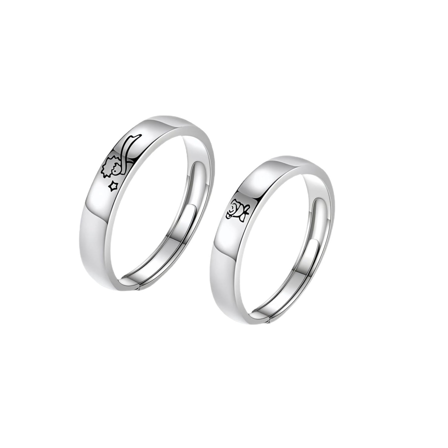 Planderful 925 Sterling Silver Couple Ring Little Prince And Rose Design Adjustable Gift For Girlfriend