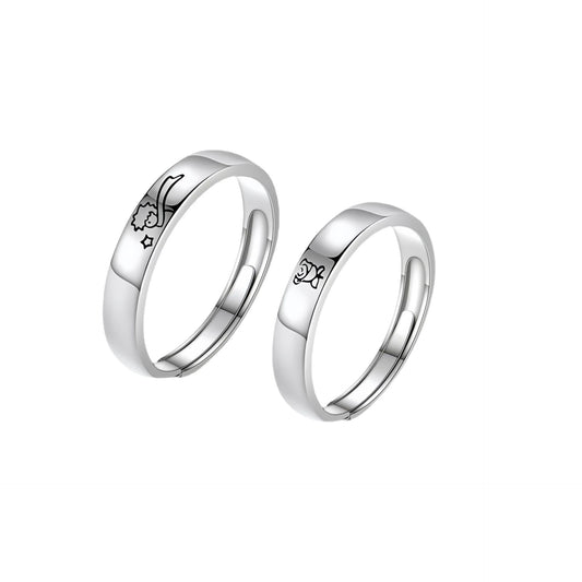 Planderful 925 Sterling Silver Couple Ring Little Prince And Rose Design Adjustable Gift For Girlfriend