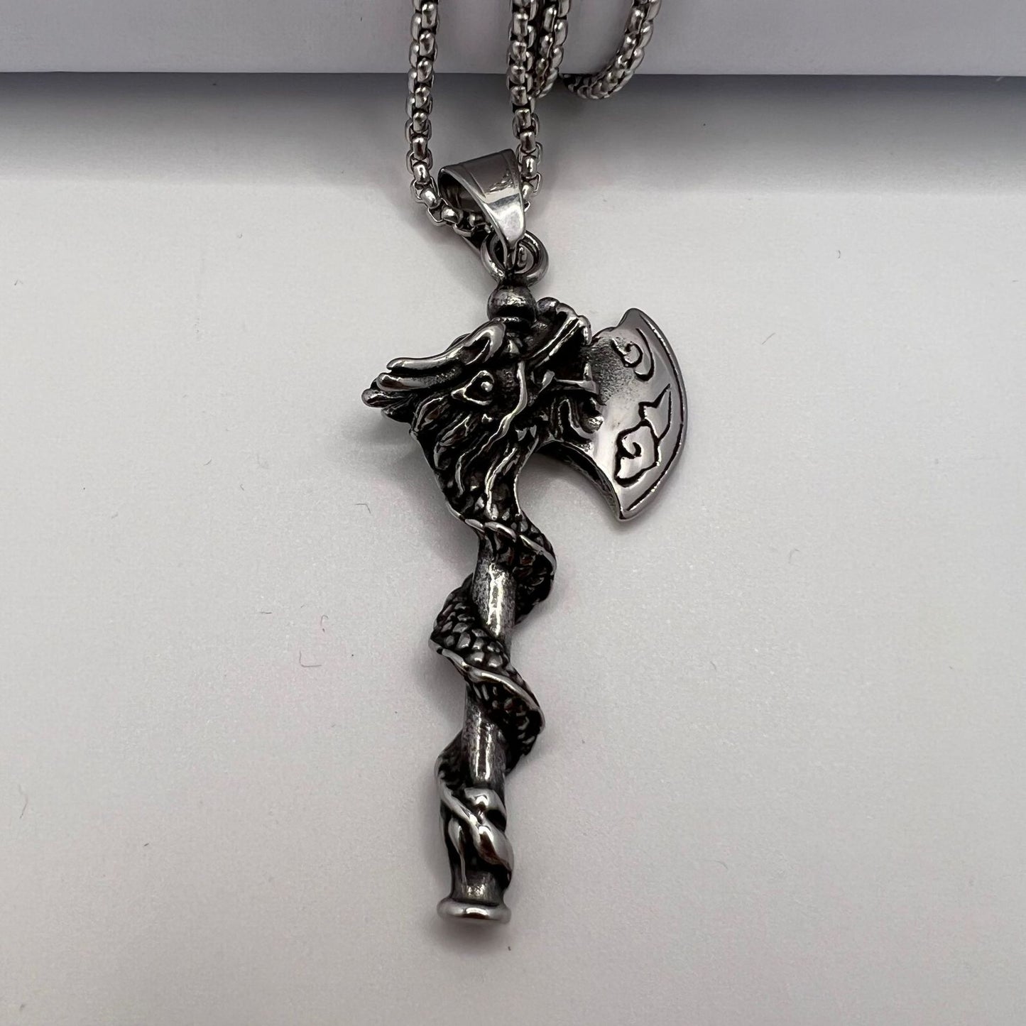 Steel Necklace – Statement Viking Dragon Pendant With Double-Sided Coiled Dragon Cloud Pattern For Men