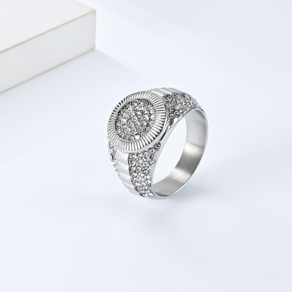 Planderful Titanium Steel Gold Plated Zircon Hip Hop Ring For Men Size 8 Through 12 Street Style Jewelry