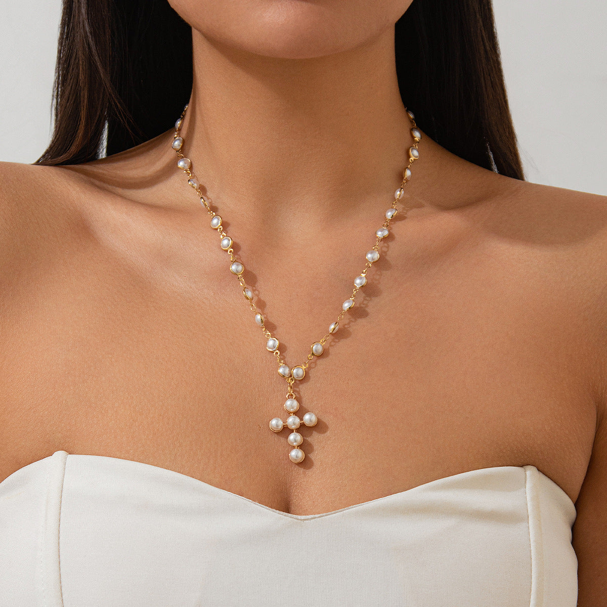 Pearl-Style Cross Pendant Necklace