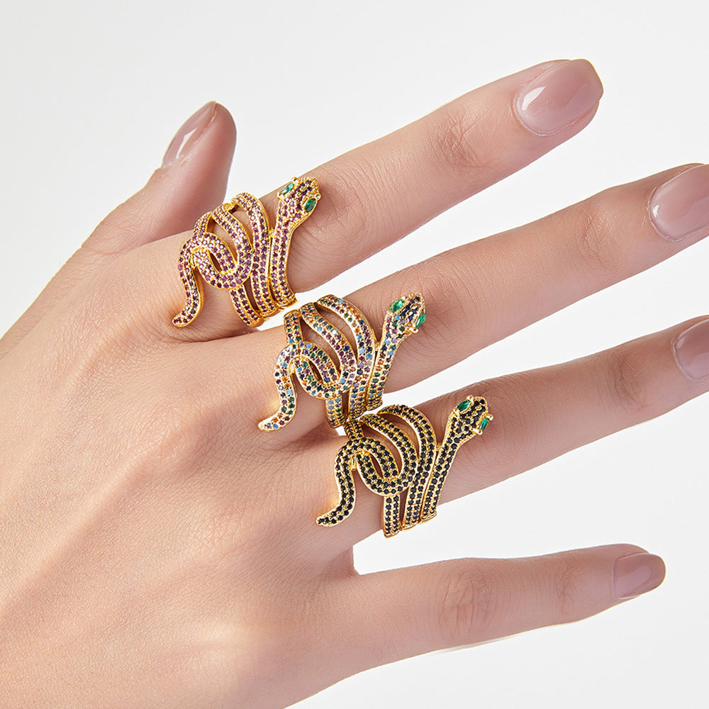 Snake Charm Copper Ring with Colored Zircon - Hip-Hop Style Open Index Finger Design