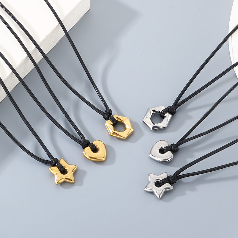 Popular Heart-Shaped Sweater Chain, Creative Wax Rope, Five-Pointed Star Hexagonal Titanium Steel Men's Necklace