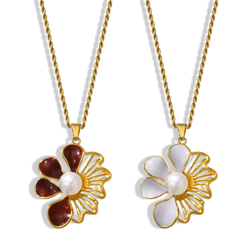 Elegant Bead Necklace with Glazed Floral Pendant