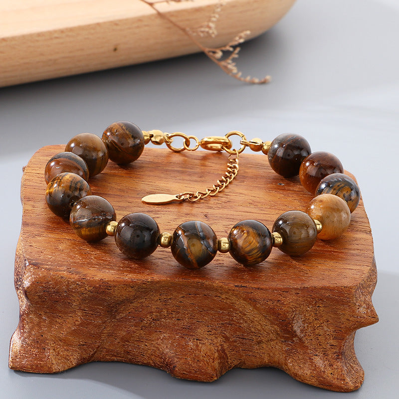Bracelet – Tiger's Eye Stone Beaded Stainless Steel Round Beads With Extension Chain