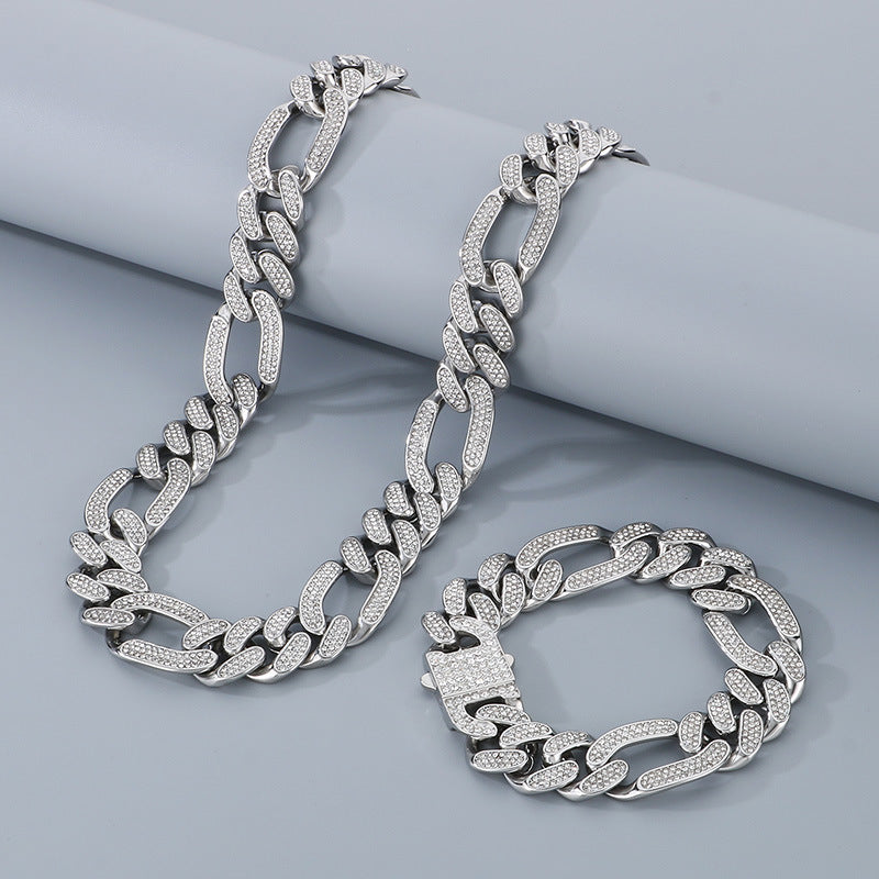Men's Hip-hop Rhinestone Cuban Chain Jewelry Set - Stainless Steel Necklace & Bracelet for Cross-border Fashion