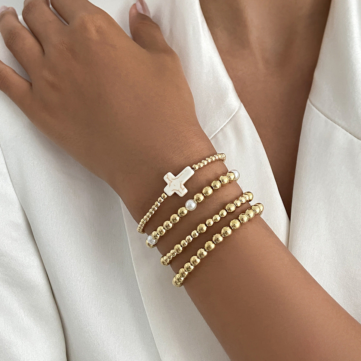 Planderful Vienna Verve Cross Beaded Elastic Bracelet Set For Women Retro Versatile Statement Jewelry