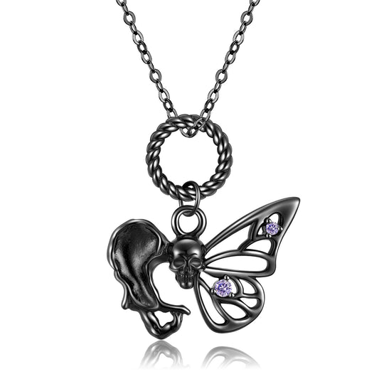 Halloween Black Skeleton Butterfly Silver Necklace