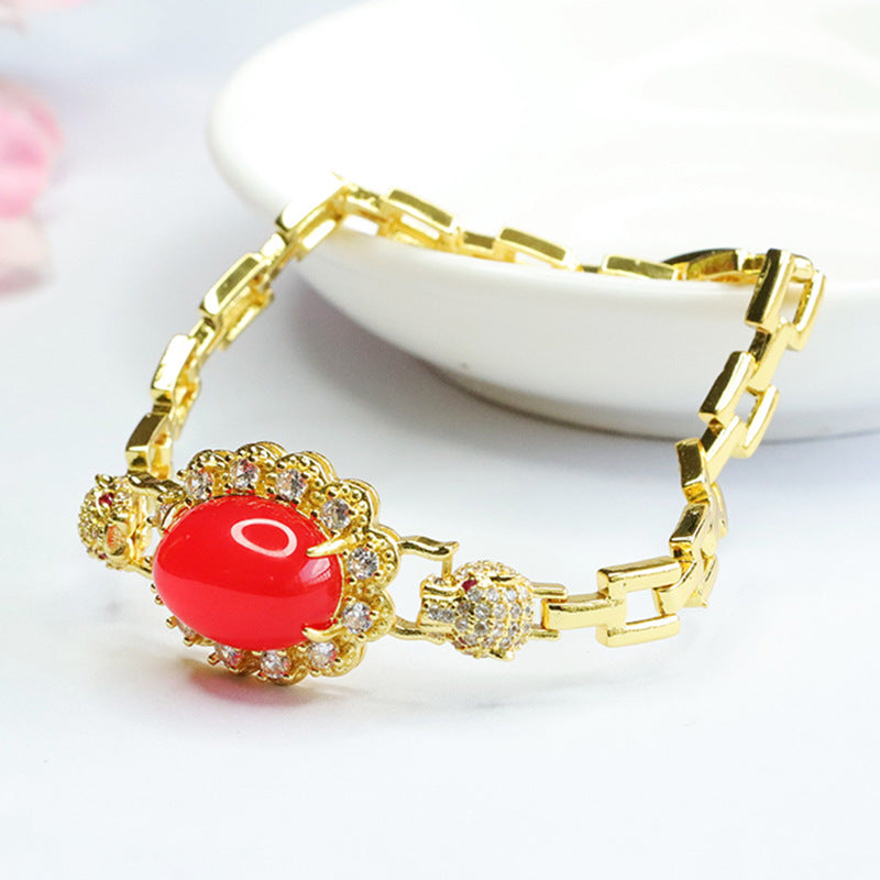 Leopard Head Golden Bracelet with Pigeon Blood Red Agate