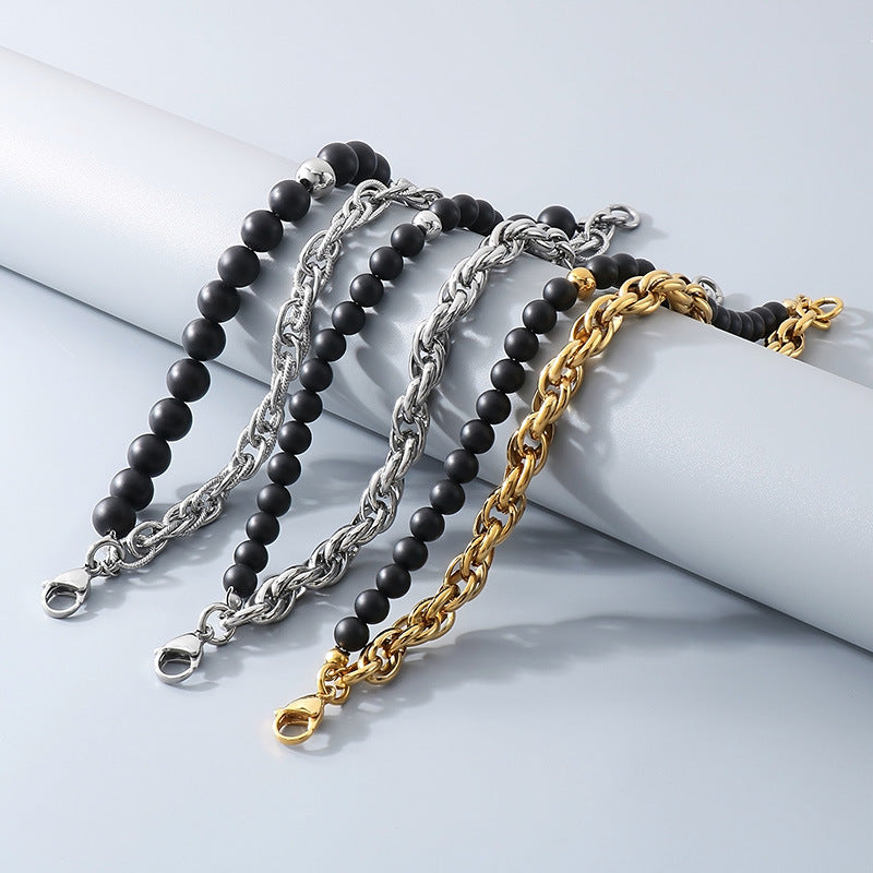 Planderful Black Agate Steel Ball Bracelet Retro Twist Men