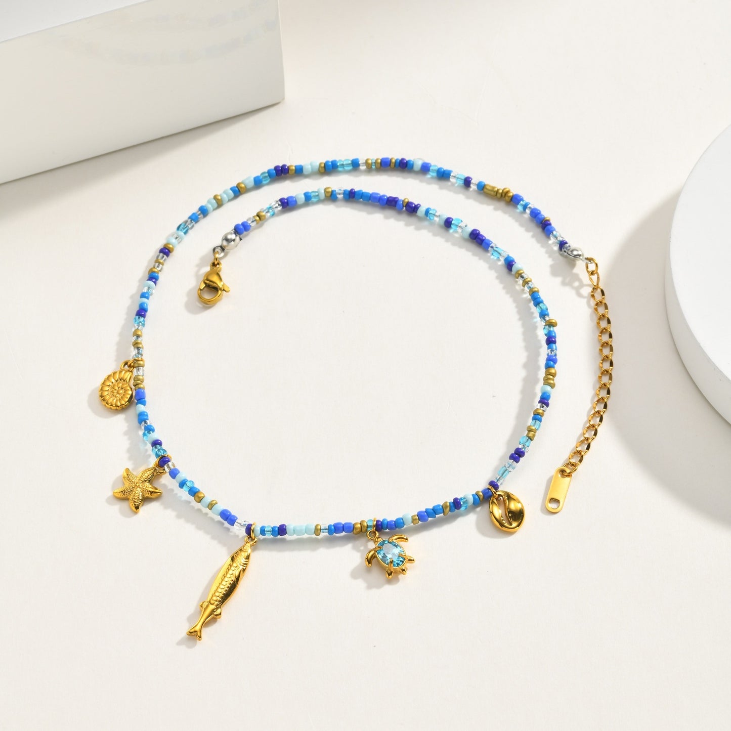 Ocean Wind Stainless Steel Ocean Fish Conch Starfish Dopamine Blue & White Color Beaded Necklace