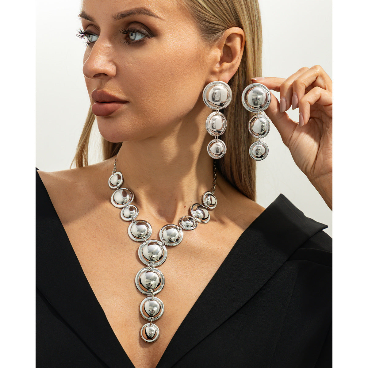 Bubble Metal Y-Necklace & Earrings Set