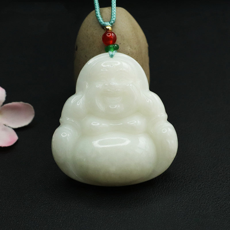 Large White Jade Buddha Necklace crafted with Natural Hotan Jade