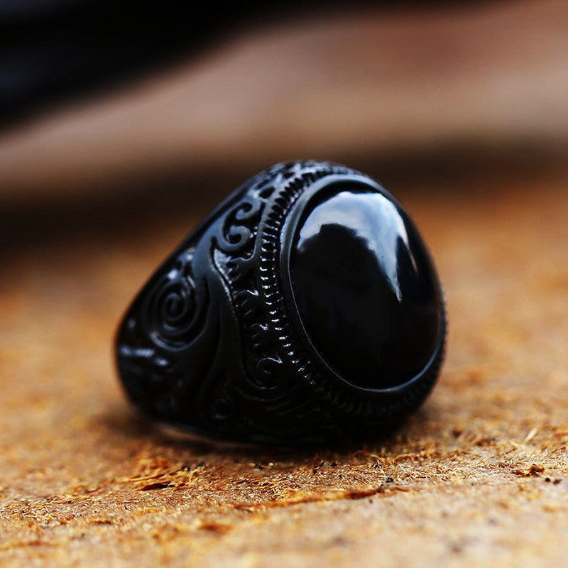 Retro Gem-Inlaid Titanium Steel Men's Engraved Ring - Wholesale Collection