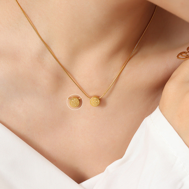 Double-Sided Happiness Character Pendant Necklace - Titanium Steel with 18K Gold Plating