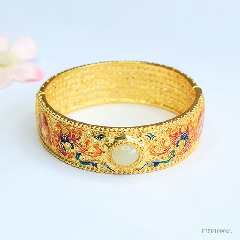 Qingshui Hetian Jade Enamel Dragon & Phoenix Bangle