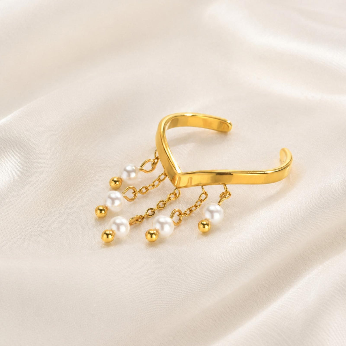 Ladies Open Ring Stainless Steel Gold V-Shaped Imitation Pearl Tassel Elegant