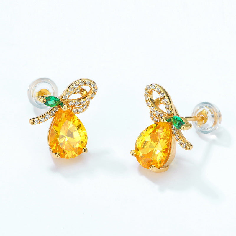 Pear Shape Yellow Crystal Fruit Pear Sterling Silver Stud Earrings
