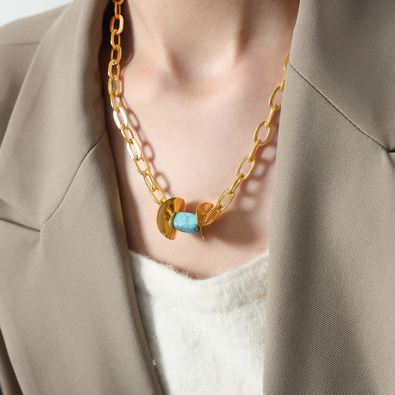 Elegant Turquoise Stone Pendant Necklace with Light Luxury Gold Finish for Women