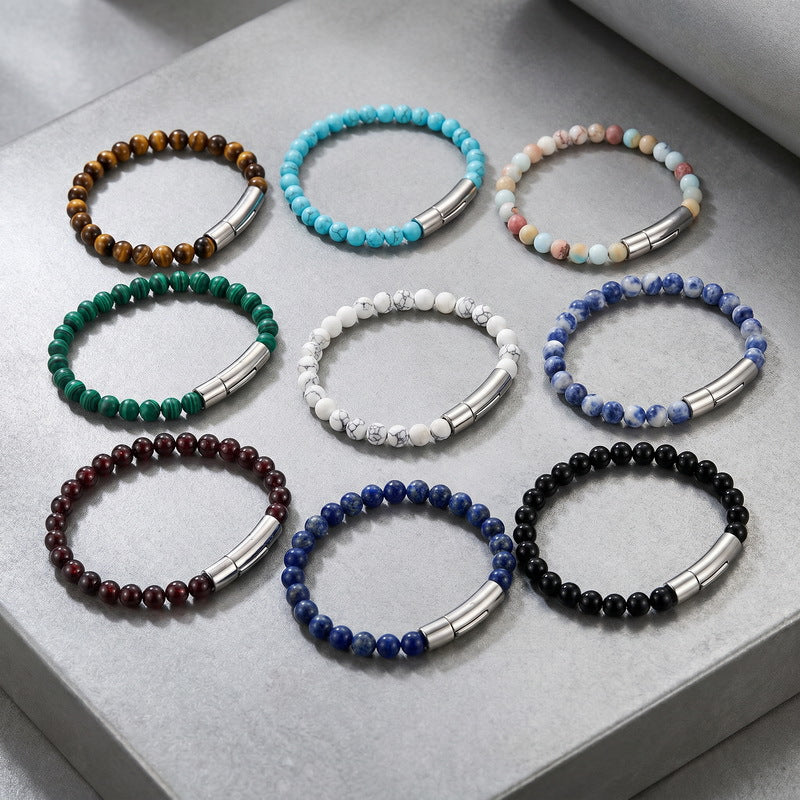 Beaded Bracelet Tiger's Eye Stone Black Agate Stainless Steel Snap Button Unisex Bracelet.