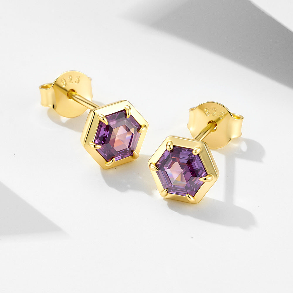 Geometric Hexagonal Amethyst Zircon Sterling Silver Stud Earrings 'S Color