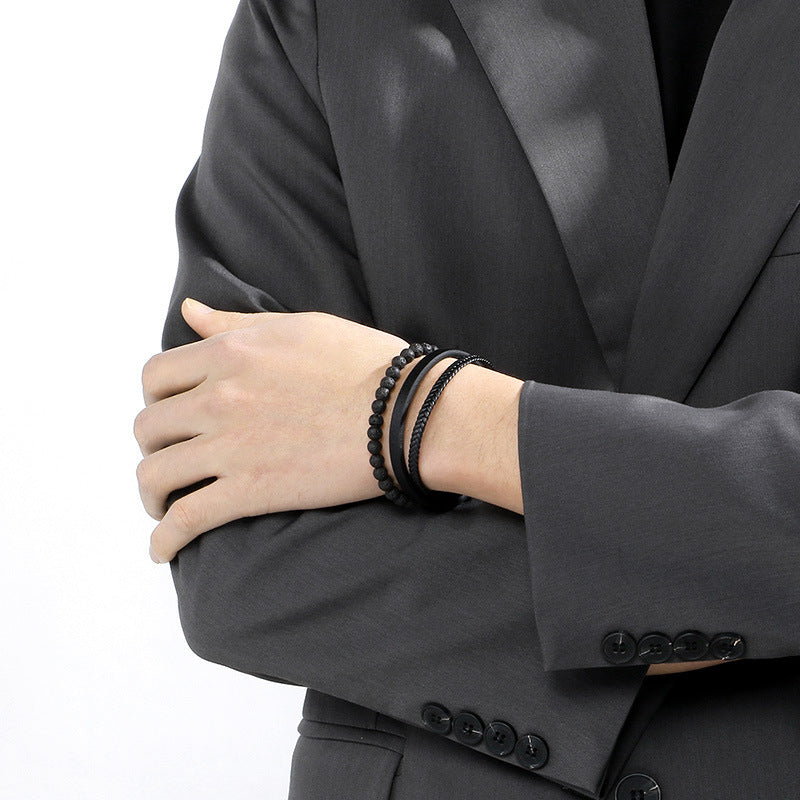 Multi-Layer Woven Leather Rope Titanium Steel Bracelet – Volcanic Stone Beaded Men's