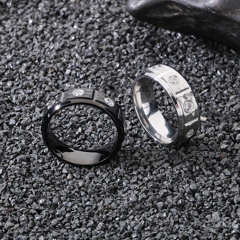 Planderful Mens Titanium Steel Ring Zircon 8mm Hip Hop