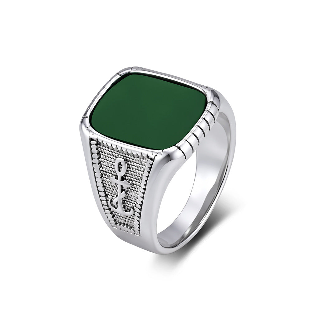 Boat Anchor Men's Stainless Steel Ring Square Glass Gemstone Stainless Steel Men's