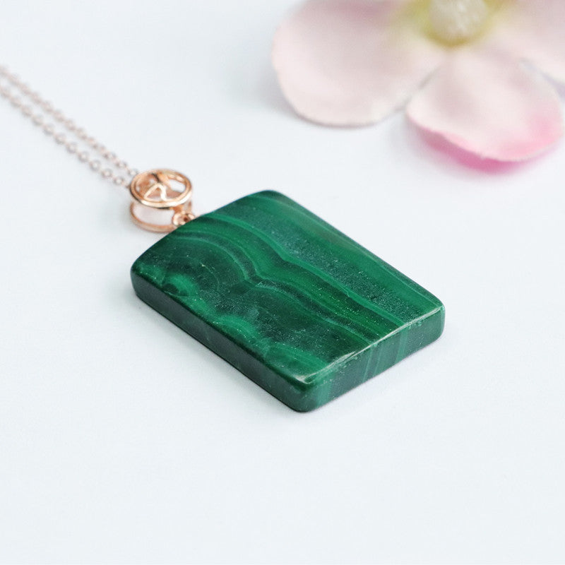 Malachite Square Peace Plaque Silver Pendant — No Chain