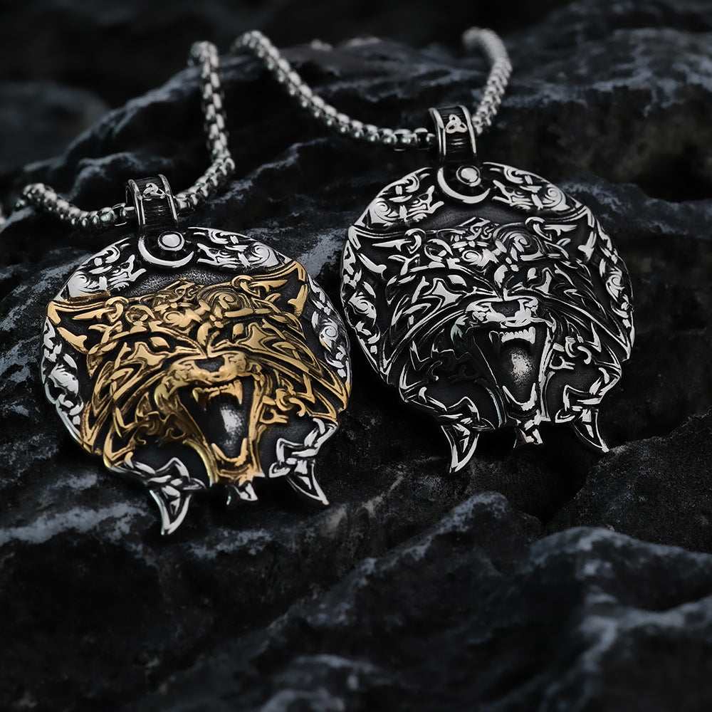 European And American Retro Stainless Steel Viking Wolf Head Necklace