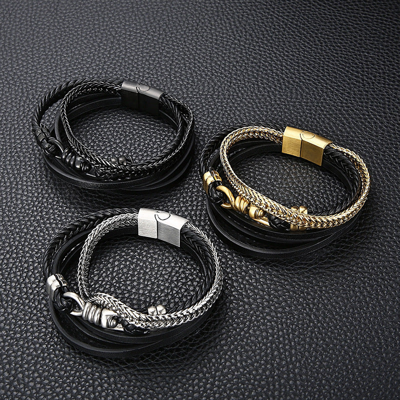 Planderful Men Leather Chain Bracelet Multi Layer Punk