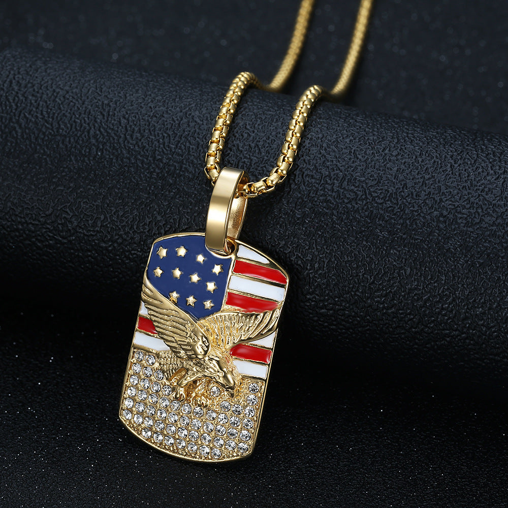 Planderful Hip Hop Necklace Unisex Titanium Steel Gold Plated Eagle Flag Pendant Bold Statement Jewelry