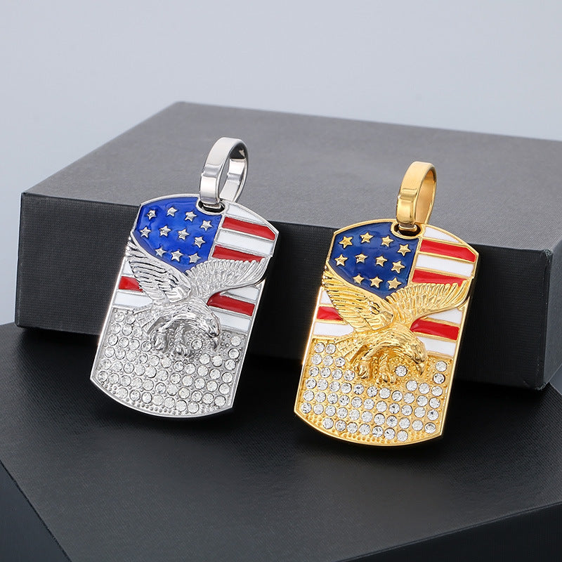 Stainless Steel Men's Eagle Pendant with American Flag and Zircon Accents
