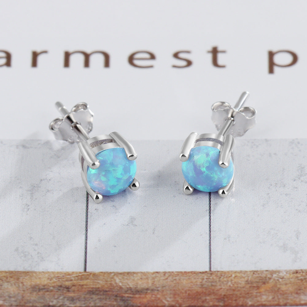 Planderful Jewelry Blue Opal Stud Earrings Sterling Silver