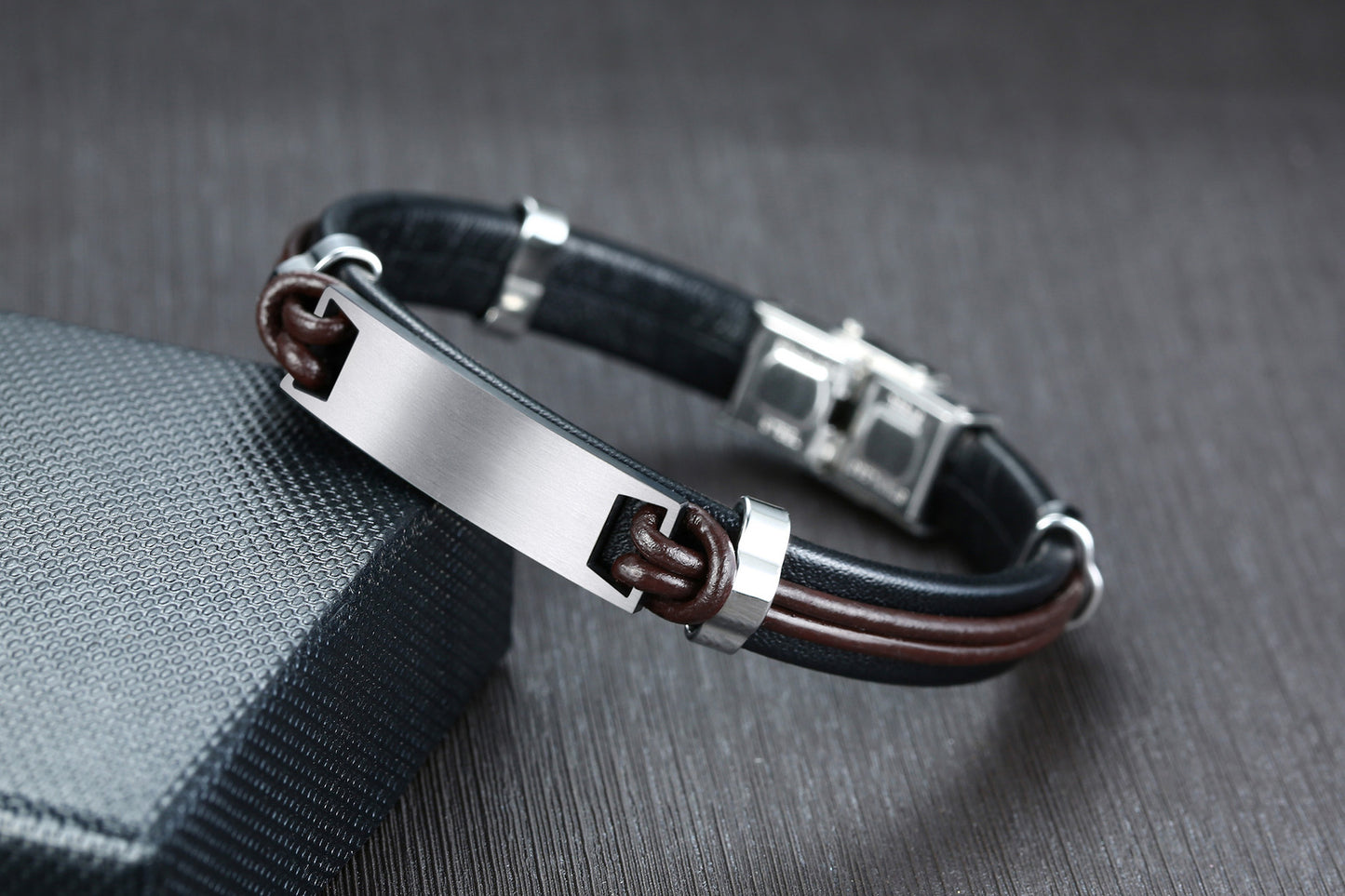 Stainless Steel Leather Bracelet for Men, Black European Style