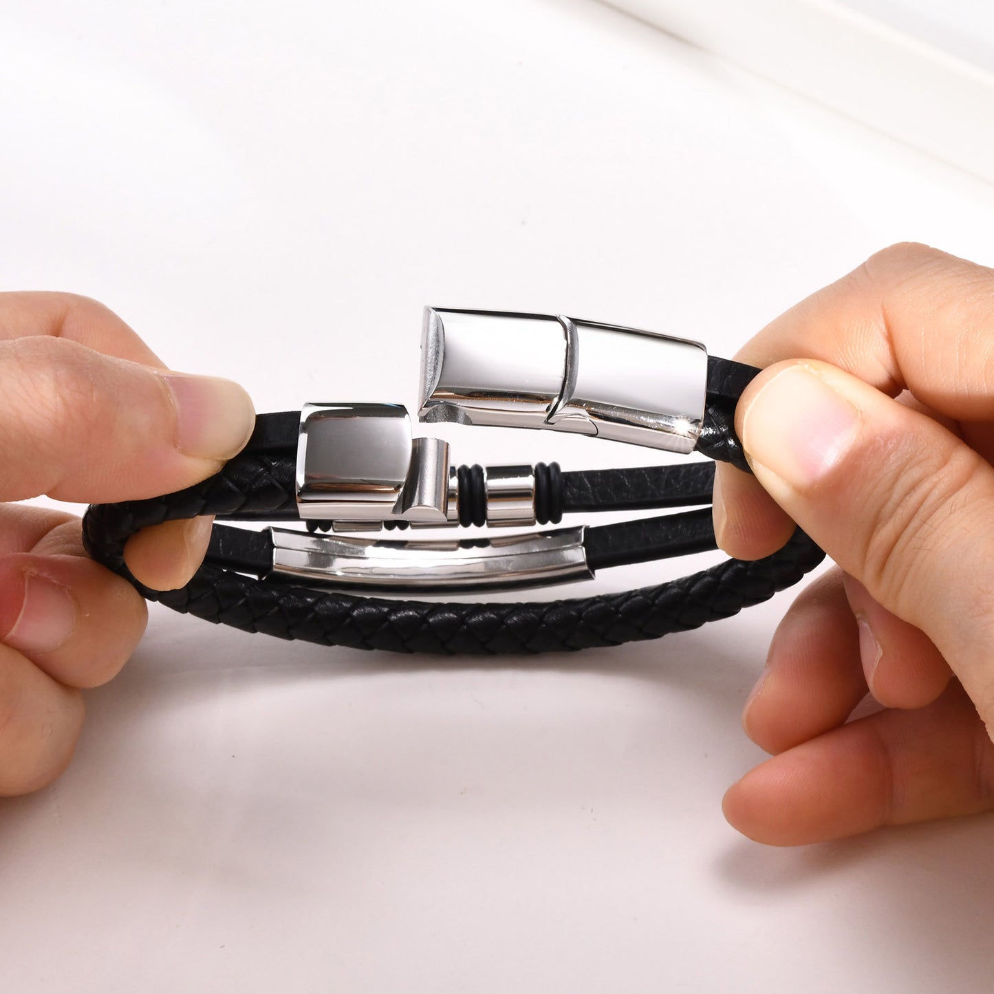 Titanium Steel Men's Leather Bracelet Three-Layer Black Model