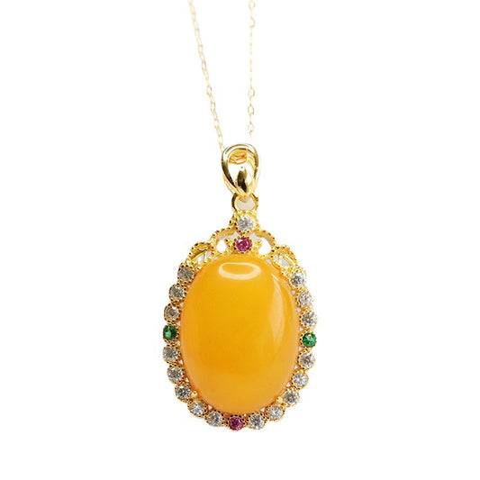 Colorful Zircon Halo Amber Pendant with Sterling Silver Necklace