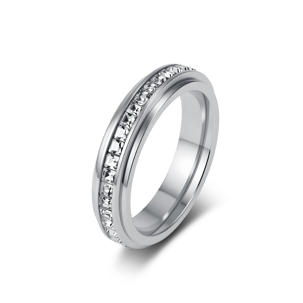 Rotatable Square Full Zircon Stainless Steel Ring Women's 18k Gold Stress-Relief