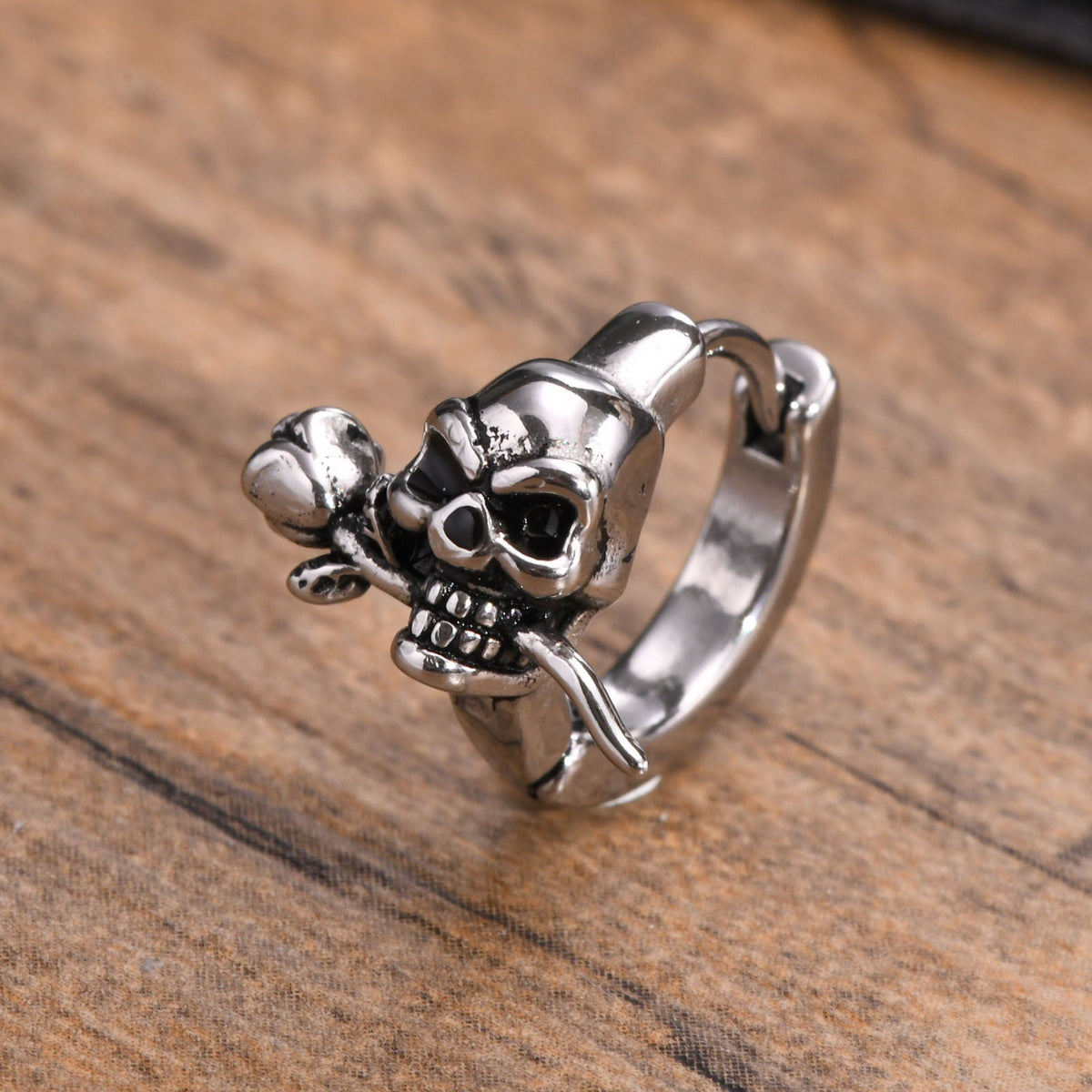 Skull & Rose Stainless Steel Hoop Earring — Single